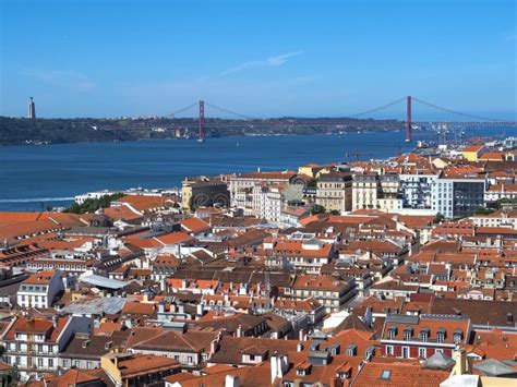 Lisbon Portugal Aerial View Of Lisbon With Red Bridge Of 25 April At