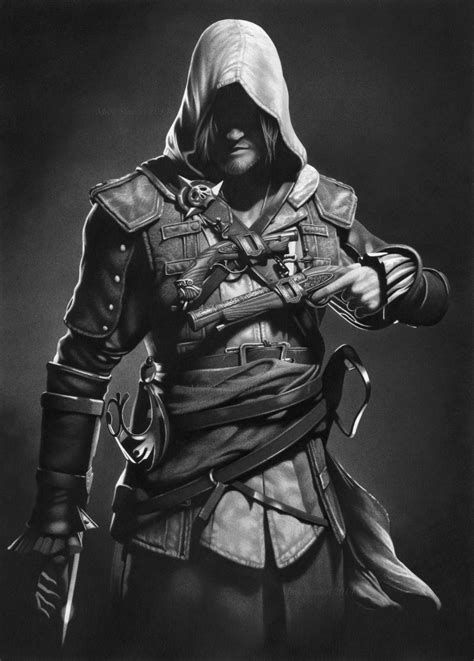 Assassins Creed Charcoal Graphite Portrait Created By Mark Stewart