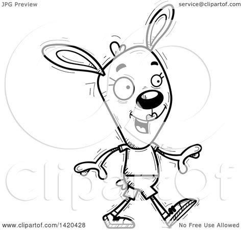 Clipart Of A Cartoon Black And White Lineart Doodled Female Rabbit