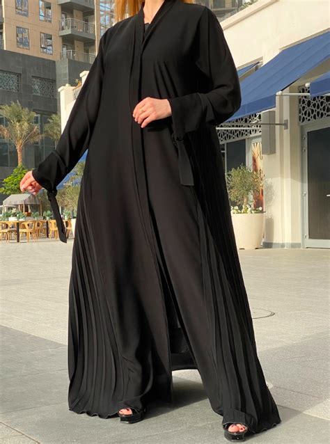 abaya set 3 piece set inclusion black abaya with pleated side seam and sleeve ties inner