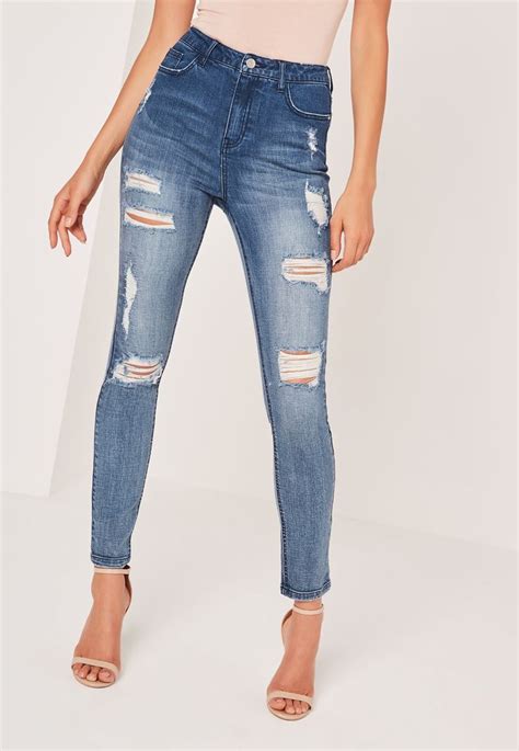 Missguided Sinner High Waisted Authentic Ripped Skinny Jeans Blue