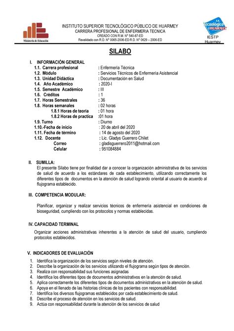 Documentacion En Salud Instituto Superior Tecnolgico Pblico De Huarmey Carrera