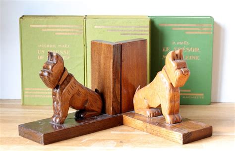 Vintage Wooden Dog Shaped Bookends 1950s Wood Carved Scottish Etsy