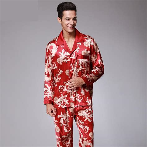 Men Satin Silk Sleepwear Long Sleeves Faux Silk Pajamas