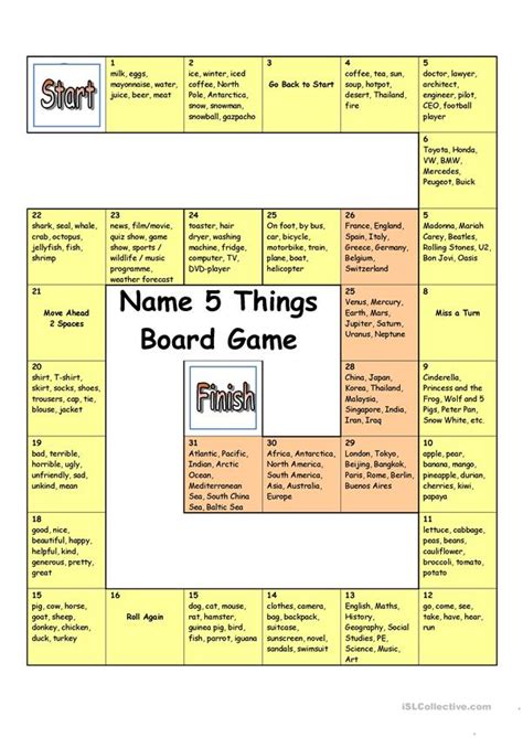 Board Game Name 5 Things Worksheet Free Esl Printable