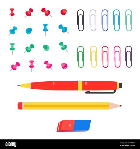 Office Multi Colored Paper Pins Paper Clips Pen Pencil And Eraser