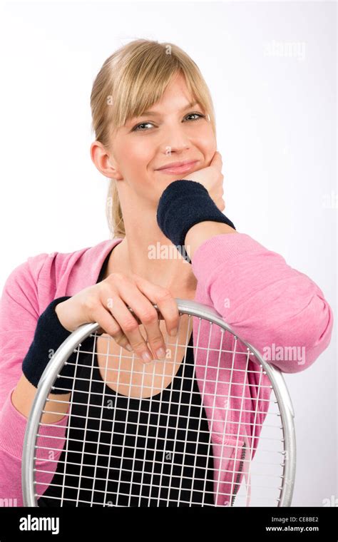 Tennis Player Woman Young Smiling Leaning On Racket Isolated Stock