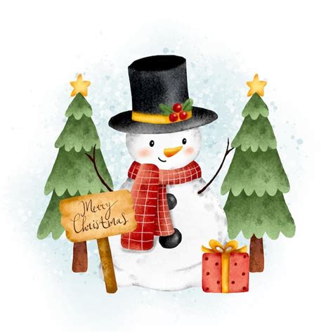 Premium Vector Watercolor Cute Snowman And Christmas Tree