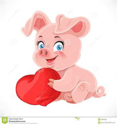 Cute Cartoon Happy Baby Pig Hugging A Soft Red Pillow