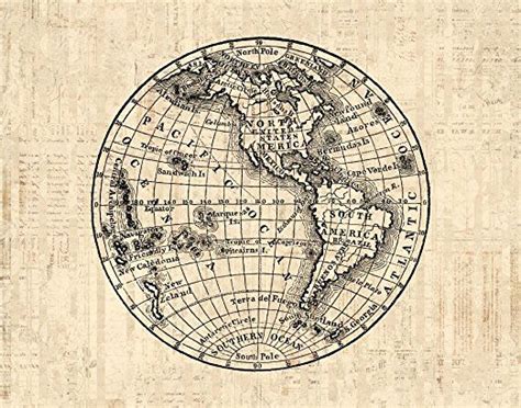 Antique World Globe Print With America And Western Hemisphere Old