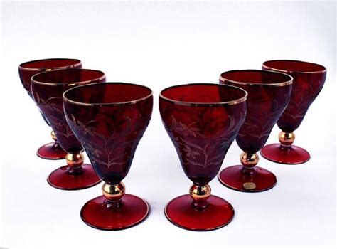Cranberry Red Etched Gilt Wine Glasses Set Of 6 Mid Century Czechoslovakia Bohemia Glass Wine
