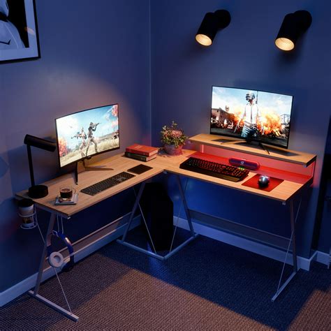 Bestier 552 Inch L Shaped Led Gaming Desk With Large Monitor Stand In