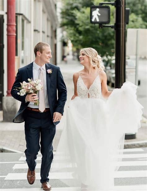 Bride And Groom Walking Gilded Bridal Gown Downtown Raleigh Wedding