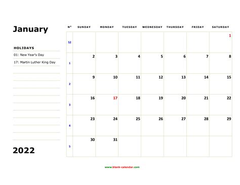 Free Download Printable Calendar 2022 Large Box Holidays Listed