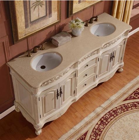 Antique 72 Inch Antique White Double Sink Bathroom Vanity Cream Marfil Marble Counter Top
