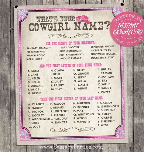 Cowgirl Name Poster Pink Instant Download Whats Etsy