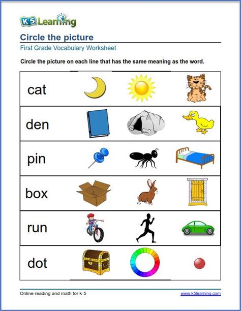 Grade 1 Vocabulary Worksheet Match Pictures To Words 1st Grade