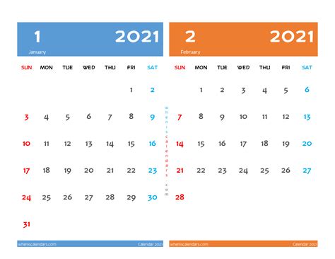 January February 2021 Calendar Printable