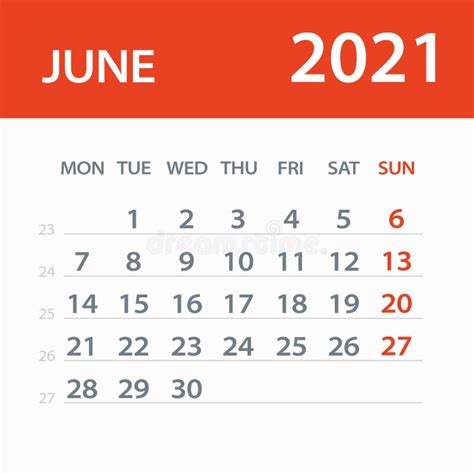 Juni Juni 2021 Kalenderblatt Vektorillustration Stock Abbildung