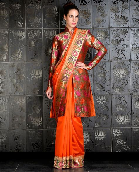 orange sari with long brocade jacket saree blouse designs latest saree designs saree jacket