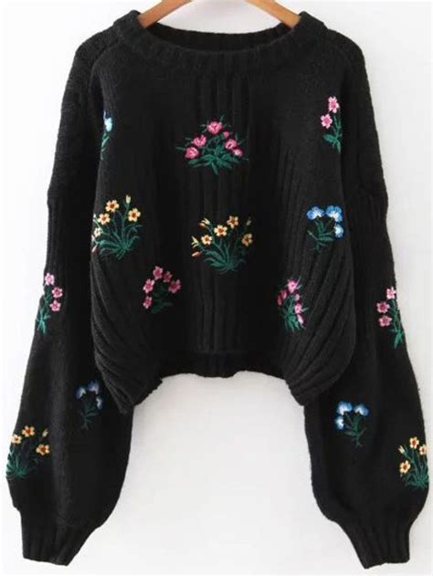 Buy Black Flower Embroidery Drop Shoulder Sweater From