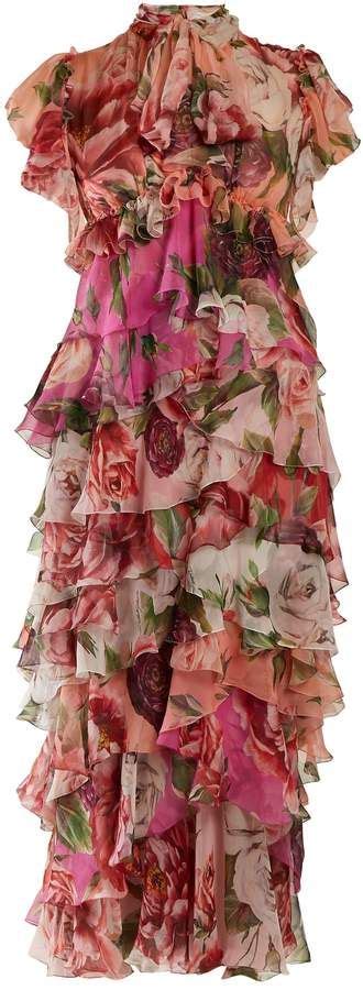Dolce Gabbana Peony And Rose Print Tiered Silk Chiffon Dress Womens