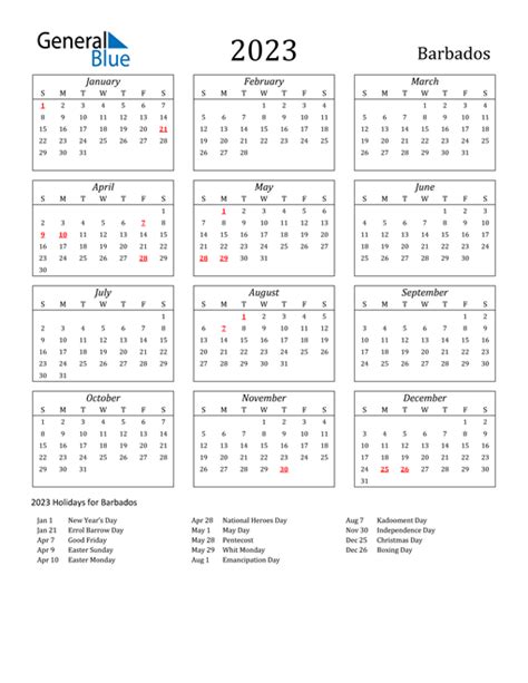 2023 Barbados Calendar With Holidays