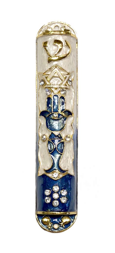 Blue Mezuzah Hamsa And Star Design With Genuine Crystals