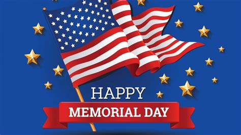 Happy Memorial Day With Us Flag In Blue Golden Stars Background Hd