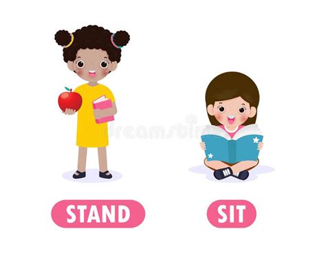 Opposite Sit And Stand Words Antonym For Children With Cartoon