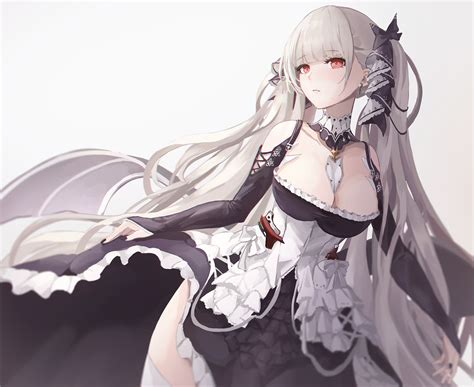 Formidable Azur Lane Long Hair Gray Hair Red Eyes Twintails Dress Cleavage Big Boobs
