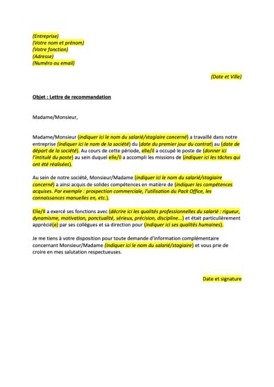 Lettre De Recommandation Professionnelle Format Word Pdf