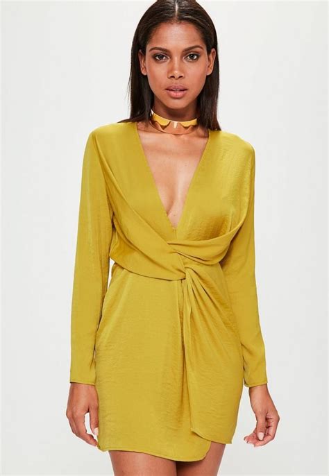 Yellow Satin Wrap Mini Dress Silky Dress Dressy Outfits Long Sleeve Mini Dress