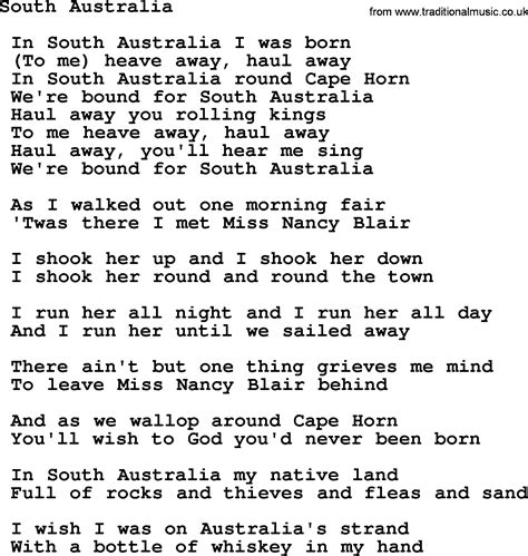 South Australia Sea Song Or Shantie Lyrics