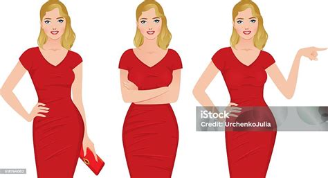 Schöne Blondine Frau In Einem Roten Kleid In Verschiedenen Posen Stock Vektor Art Und Mehr
