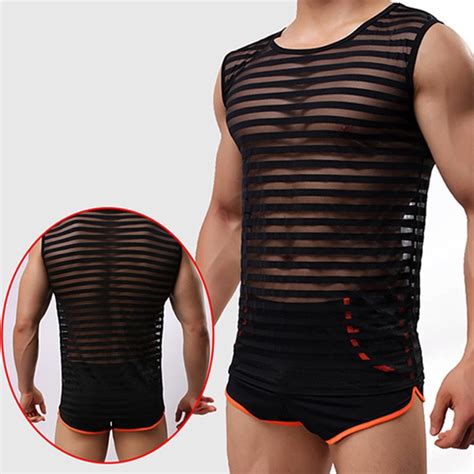 Men Undershirt Sexy See Through Gay Tank Tops Underwear Stripe