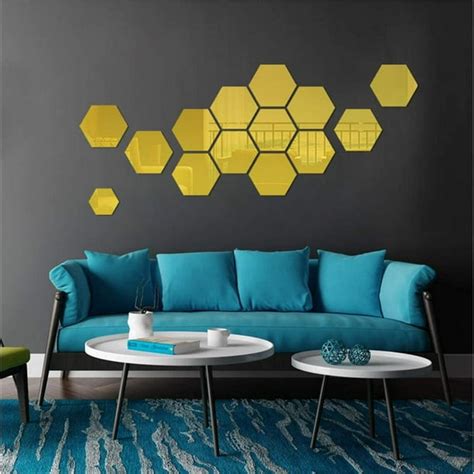 12pcs Gold Mirror Wall Sticker Diy Wall Sticker Hexagonal 3d Modern