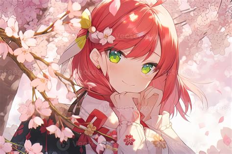 Cute Anime Girl With Red Hair And Green Eyes Under The Blooming Sakura