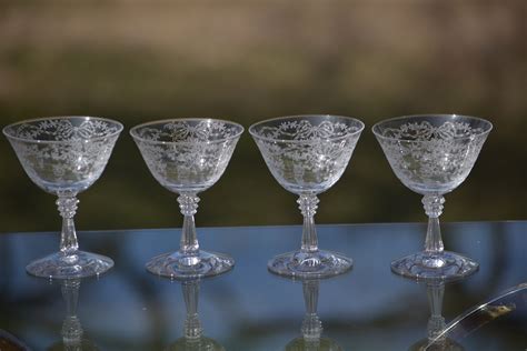 Vintage Etched Crystal Cocktail ~ Martini Glasses Set Of 4 Fostoria Romance Circa 1940 S