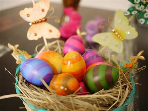 Colorful Easter Eggs In Basket Stock Photo Image Of Colorful Basket