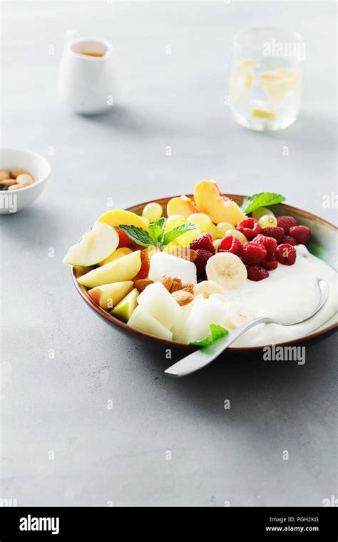 Healthy And Dietary Food Concept Side View Fruit Breakfast And