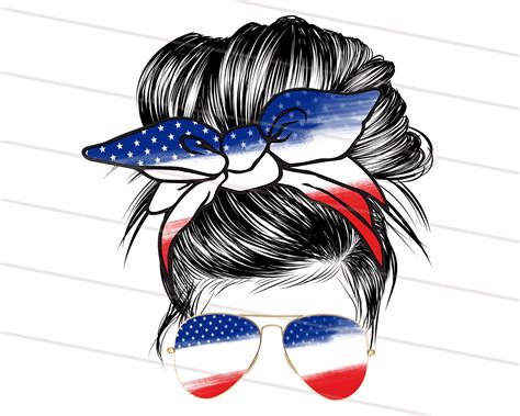 Usa Flag American Mama Png For Sublimation Printable Patriotic Mom Life Th Of July Messy Bun