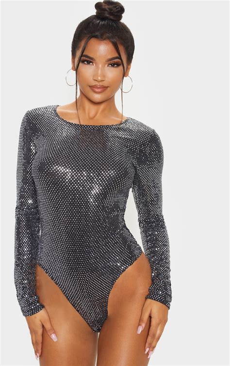 Silver Sequin Long Sleeve Bodysuit Tops Prettylittlething Il