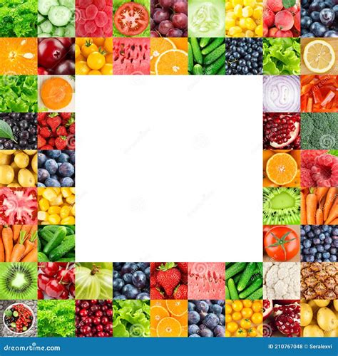Collage De Frutas Verduras Y Bayas Alimentos Frescos A Color Marco