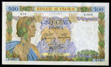 Other countries using the euro (not every country of the european union use it, at least not yet) : Currency of France 500 French Francs La Paix banknote of ...