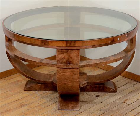 Round Art Deco French Glass Top Coffee Table With Burled Finish At
