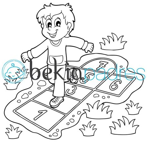 Descarga ahora la ilustración libro para colorear niños jugando rayuela. Rayuela: dibujo para colorear