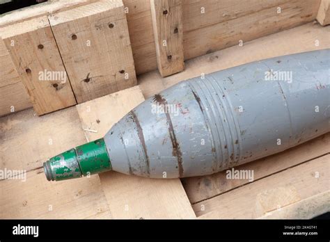Soviet Or Russian 120 Mm Mortar Shell In Army Green Crate Isolated Om