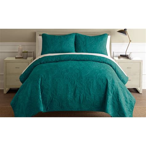 3 Pc Embroidered Quilt Set Tealwhite King