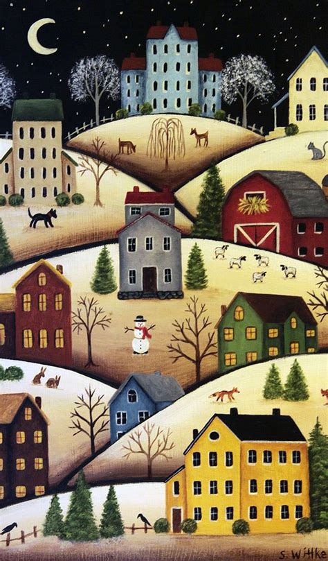 Countryside In The Winter Folk Art Painting Folk Art Primitive Painting